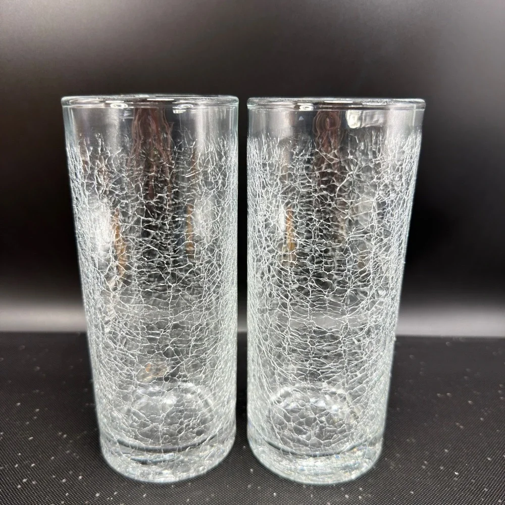 Pier 1 Crackle Glass Highball Tumblers Clear Set of 2 Cups Glasses Cups 6.25in